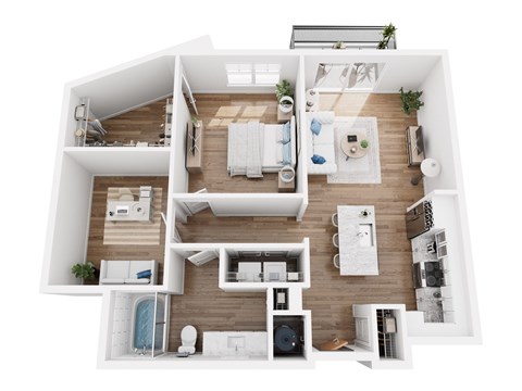 A top-down view of a modern, well-organized apartment with a kitchen, living room, and bedrooms.